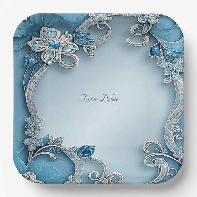 Blue Ornate Floral Paper Plate Pappteller (Vorderseite)