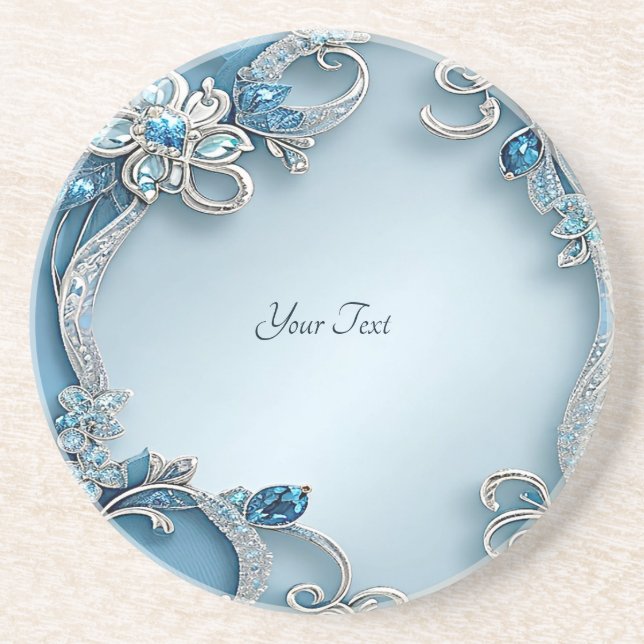 Blue Ornate Floral Sandstone Coaster Getränkeuntersetzer (Vorne)
