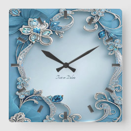Blue Ornate Floral Wall Clock Quadratische Wanduhr