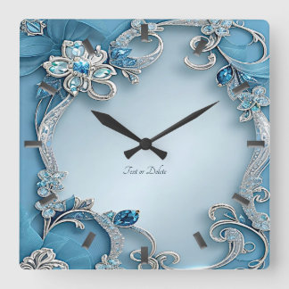 Blue Ornate Floral Wall Clock Quadratische Wanduhr