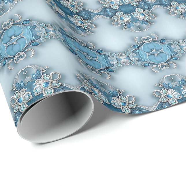 Blue Ornate Floral Wrapping Paper Geschenkpapier (Rolleneckpunkt)