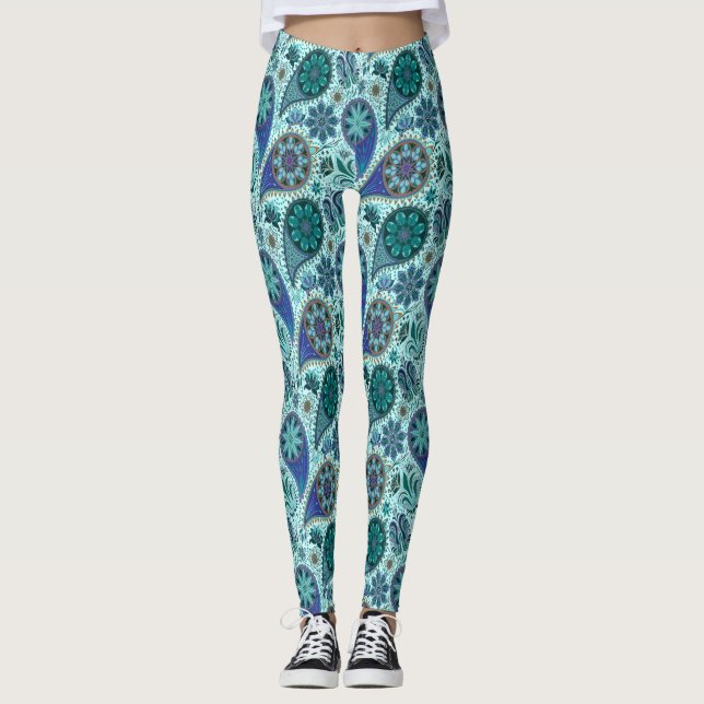 Blue Ornate Paisley Pattern Leggings (Vorderseite)