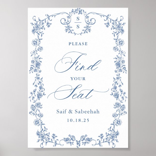 Blue Ornate Victorian Grace Find Your Seat Sign Poster (Vorne)
