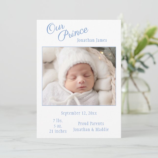 Blue Our Prince Foto Boy Baby Birth Ankündigung (Stehend Vorderseite)