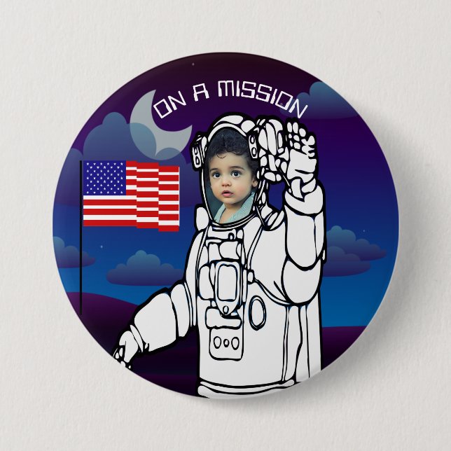 Blue Outer Space American Flag Astronaut Foto Button (Vorderseite)
