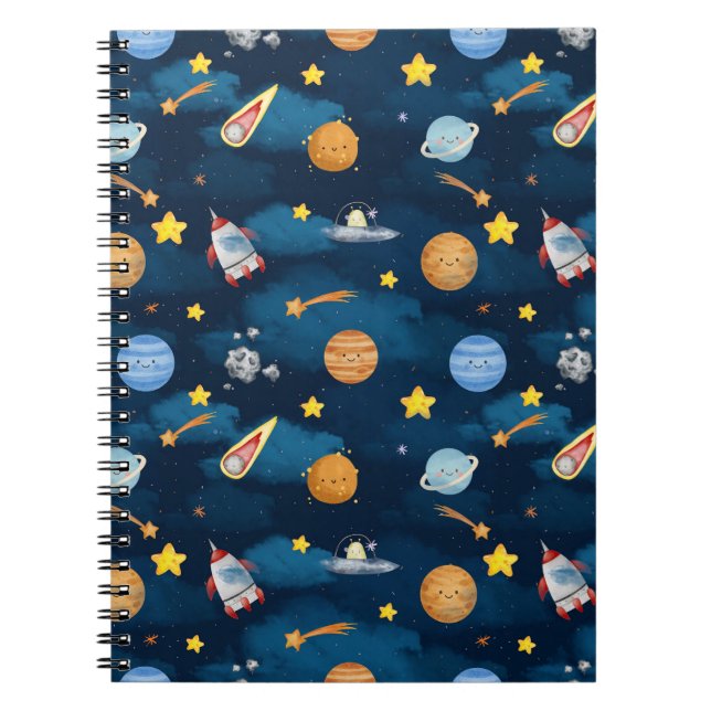 Blue Outer Space Planets Seamless Pattern Notizblock (Vorderseite)