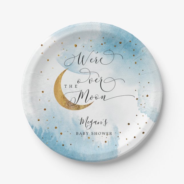 Blue Over the Moon Gold Stars Baby Shower Pappteller (Vorderseite)