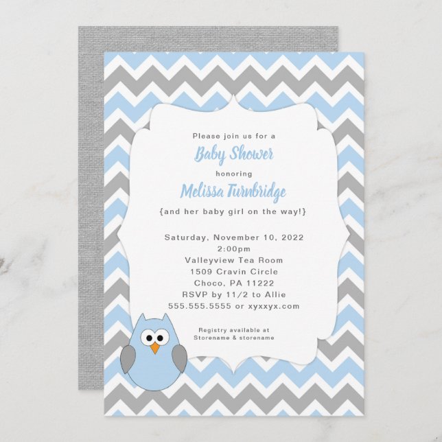 Blue Owl Baby Dusche Einladung, Baby Sprinkle Einladung (Vorne/Hinten)