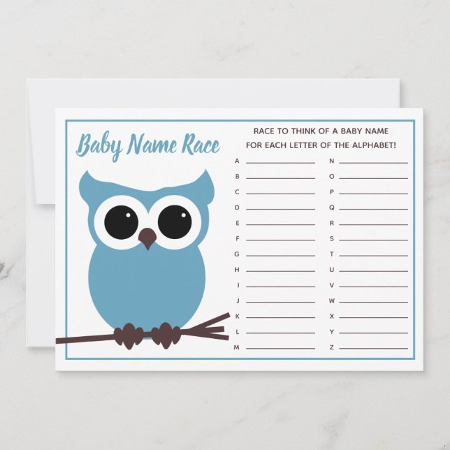 Blue Owl Baby Name Race Baby Duschspiel Einladung (Vorderseite)