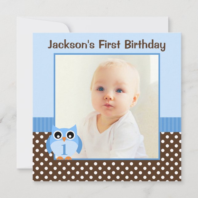 Blue Owl Brown Polka Dots 1st Birthday Boy Foto Einladung (Vorderseite)