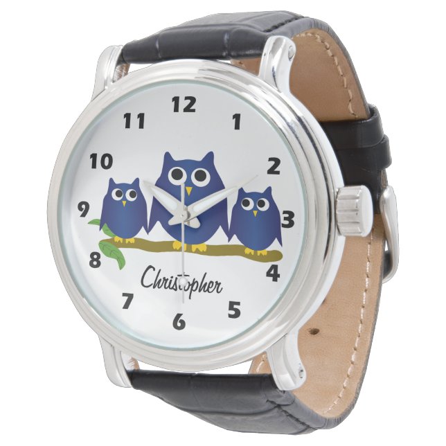 Blue Owl Design Personalisiert Armbanduhr (Schrägansicht)