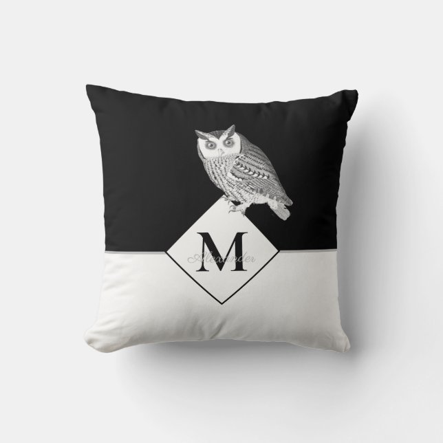 Blue Owl Gray Monogram Name Badezimmer Kissen (Vorderseite)
