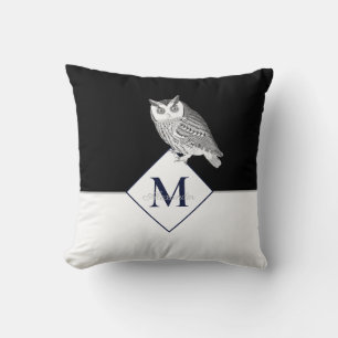 Blue Owl Grey Monogram Name Badezimmer Badematte Kissen