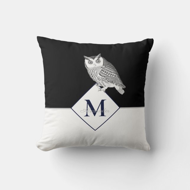 Blue Owl Grey Monogram Name Badezimmer Badematte Kissen (Vorderseite)