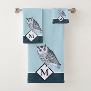 Blue Owl Grey Monogram Name Badhandtuch Set