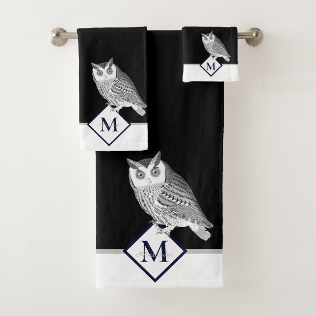 Blue Owl Grey Monogram Name Badhandtuch Set (Insitu)