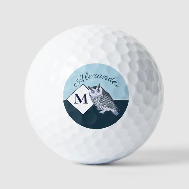 Blue Owl Grey Monogram Name Golfball (Vorderseite)
