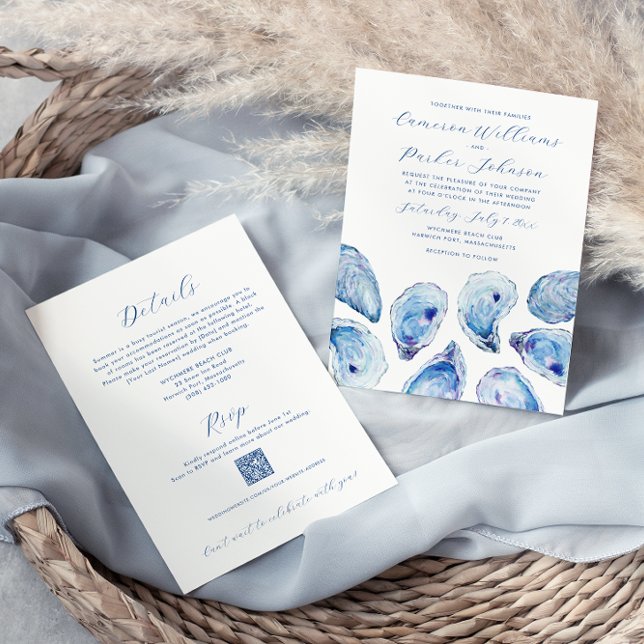 Blue Oyster Muschel All-in-One QR Code UAWG Weddin Einladung (Oyster all-in-one beach watercolor wedding invitation with QR code RSVP and details on the back)