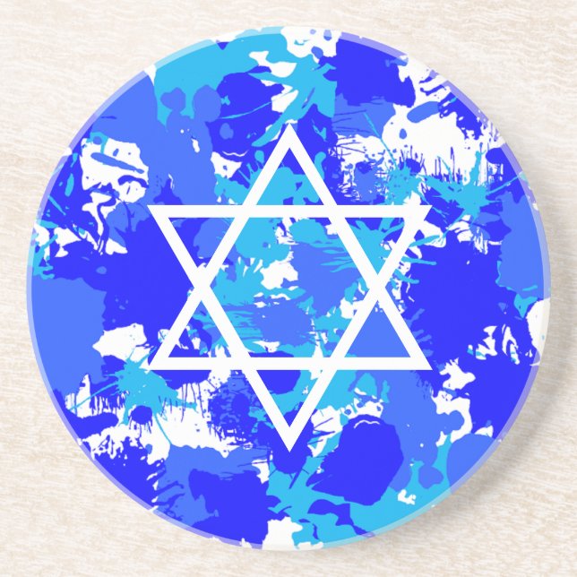 Blue Paint Spritzer Jewish Star Sandstein Untersetzer (Vorne)