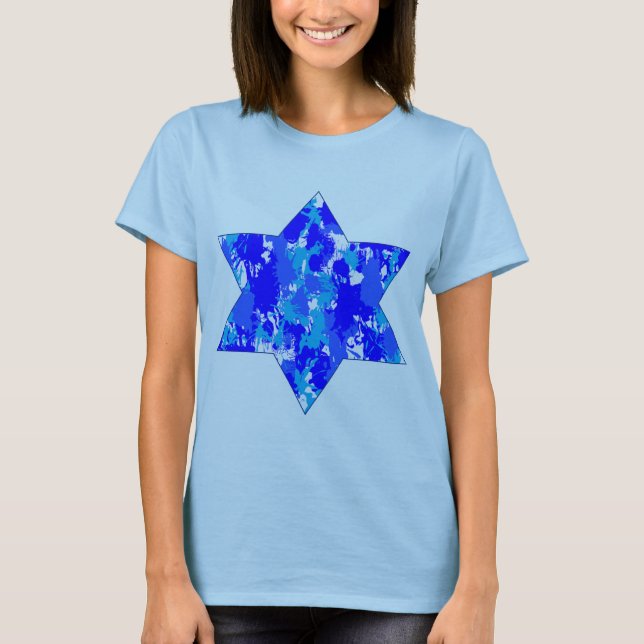 Blue Paint Spritzer Jewish Star T-Shirt (Vorderseite)