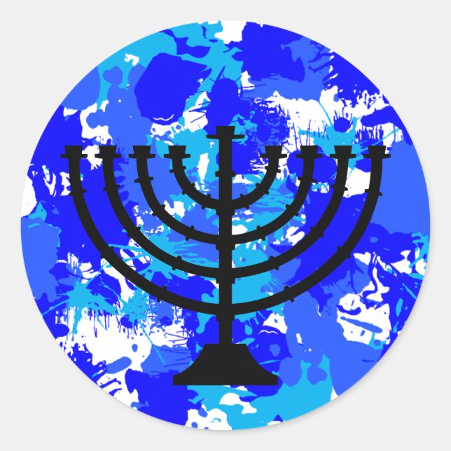 Blue Paint Spritzer Menorah Runder Aufkleber (Vorderseite)