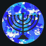 Blue Paint Spritzer Menorah Runder Aufkleber<br><div class="desc">Blauer Spritzer menorah Aufkleber.</div>