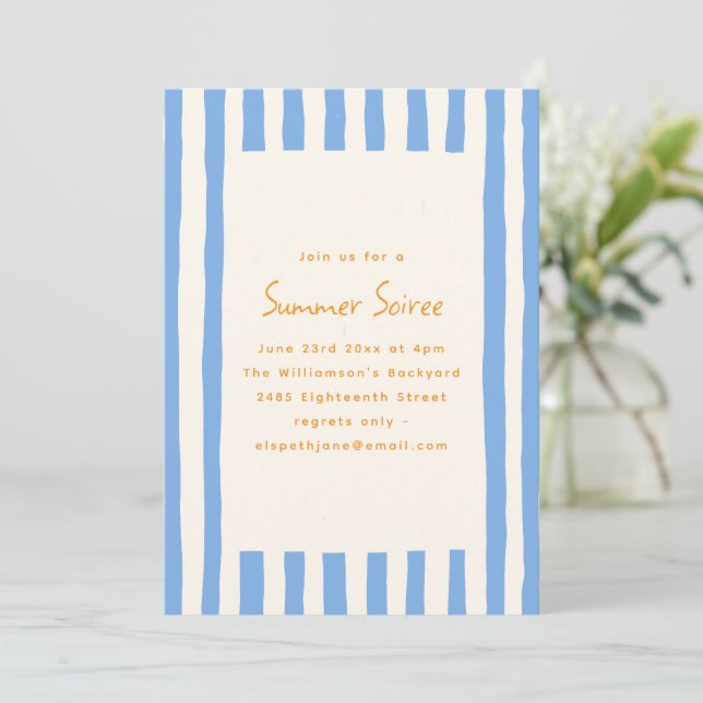 Blue Painted Stripe Yellow Summer Soiree Party Einladung (Stehend Vorderseite)