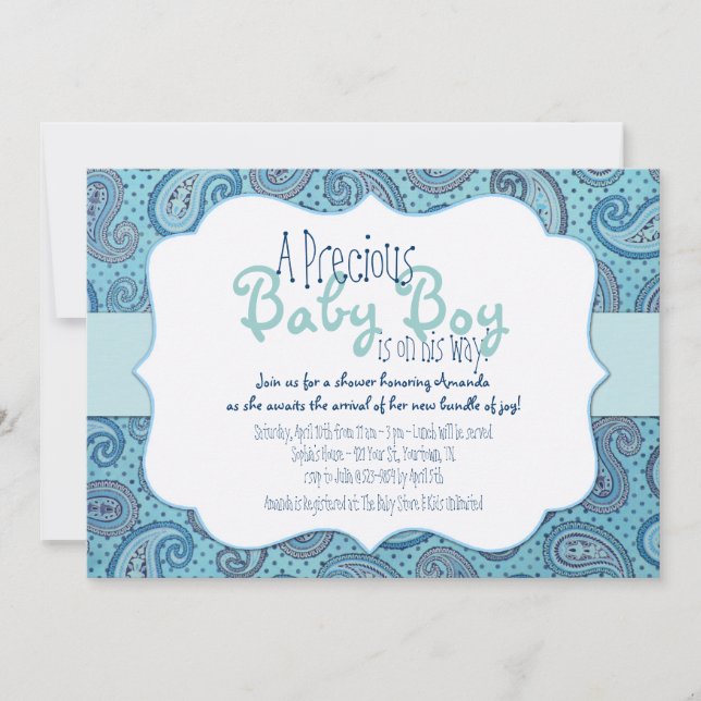 Blue Paisley Baby Boy Dusche Einladung (Vorderseite)