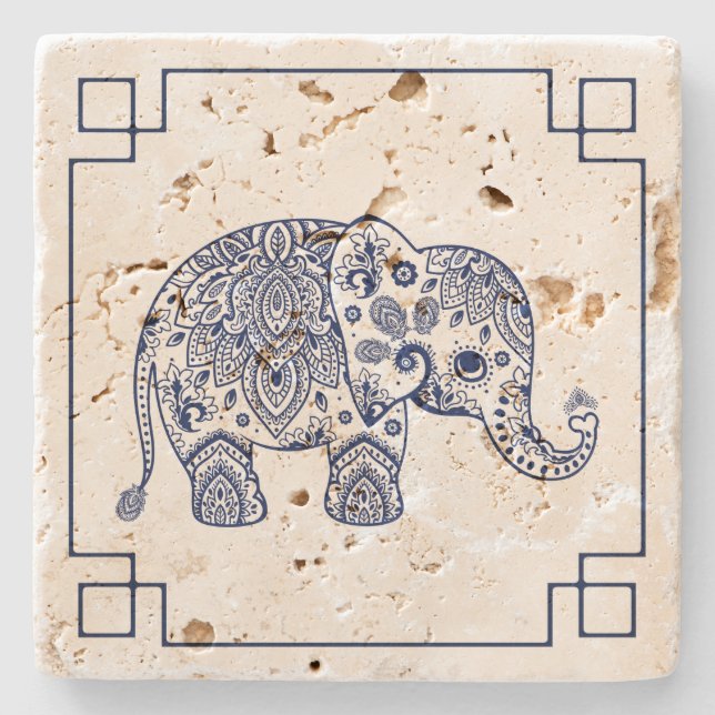Blue Paisley Elephant Illustration Steinuntersetzer (Vorderseite)