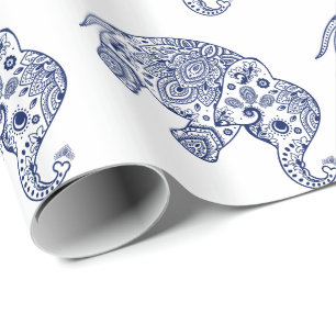 Blue Paisley Elephant Weißer Hintergrund Geschenkpapier