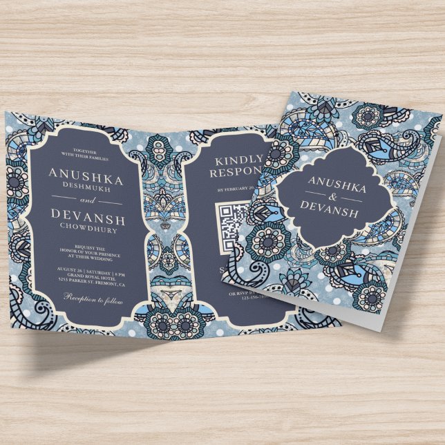 Blue Paisley Pattern QR Code Indian Wedding Einladung (Von Creator hochgeladen)