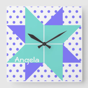 Blue Pale Star Quilt Block Pattern Quadratische Wanduhr