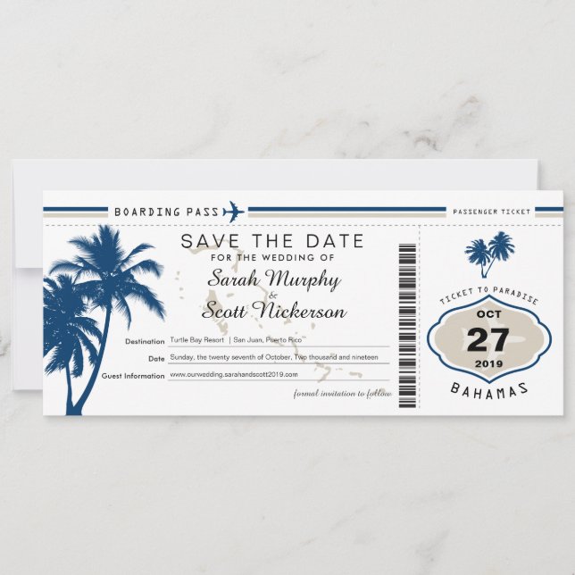 Blue Palm Tree Boarding Pass Bahamas Save the Date (Vorderseite)