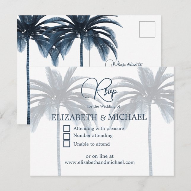 Blue Palm Tree Elegante Modernes Hochzeitsszenario Postkarte (Vorne/Hinten)