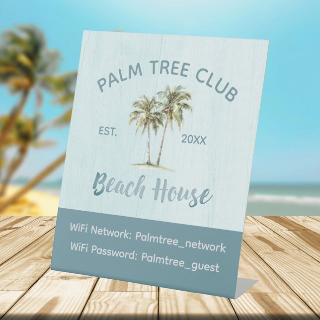 Blue Palm Tree moderne Beach House WiFi Kennwort Sockelschild (In situ, beach)