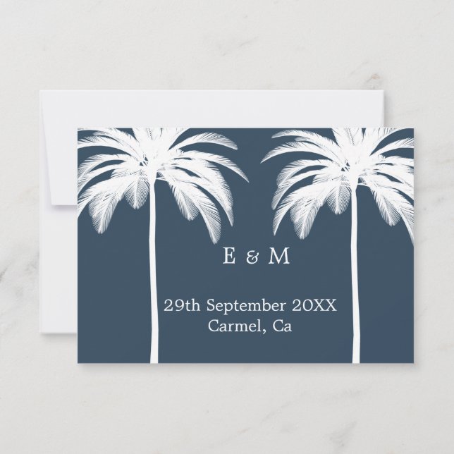Blue Palm Tree Watercolor Wedding Save the Date (Rückseite)