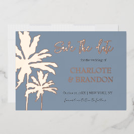 Blue Palm Trees Beach Hochzeit Save the Date Gold Folieneinladung