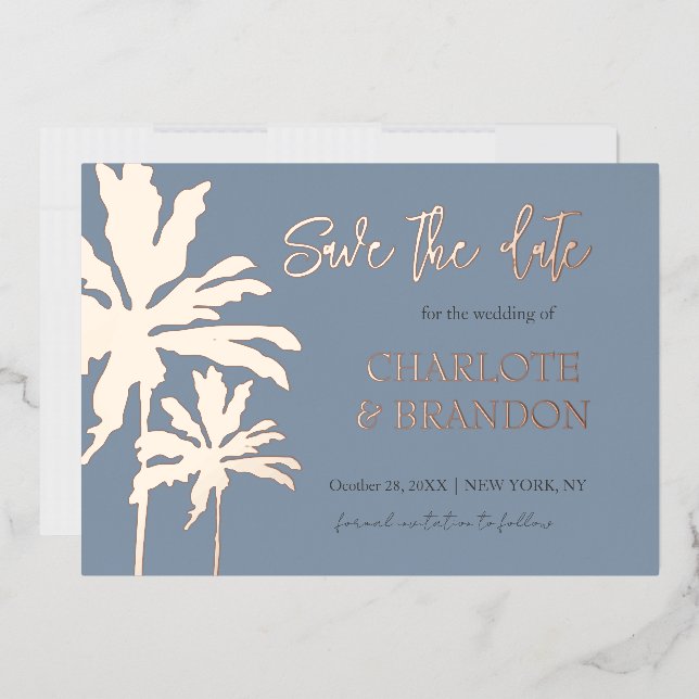 Blue Palm Trees Beach Hochzeit Save the Date Gold Folieneinladung (Briefumschlag)