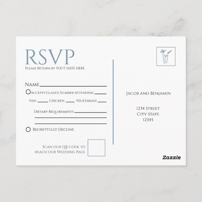 Blue Palm Wedding RSVP Postcard Postkarte (Rückseite)