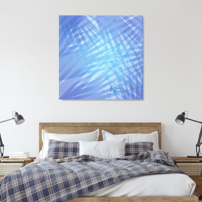 Blue Palms Stretched Canvas Print Leinwanddruck (Insitu (Schlafzimmer))