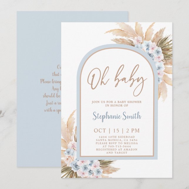 Blue Pampas Grass Arch Baby Shower Boy Einladung (Vorne/Hinten)
