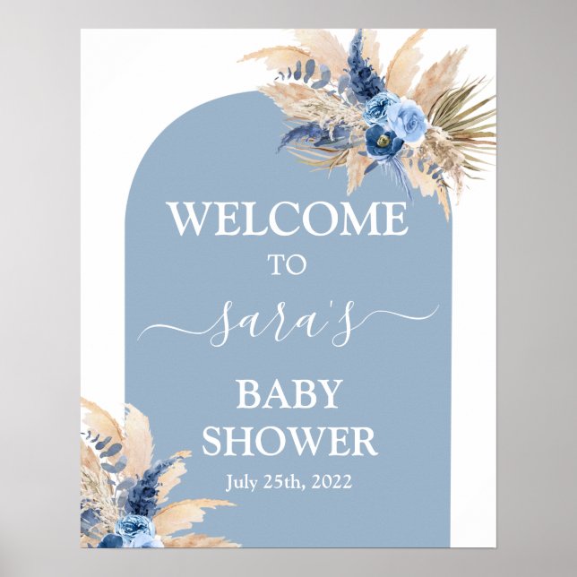 Blue Pampas Grass Baby Shower Boy Begrüßungszeiche Poster (Vorne)