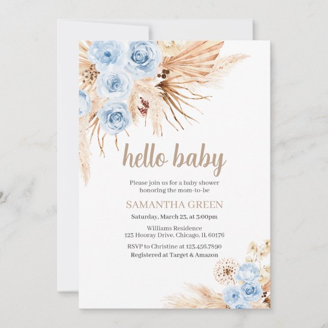 Blue Pampas Grass Boho Baby Dusche Einladung (Vorderseite)