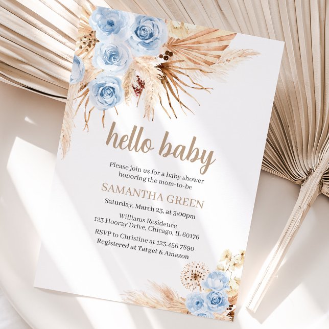 Blue Pampas Grass Boho Baby Dusche Einladung (Von Creator hochgeladen)