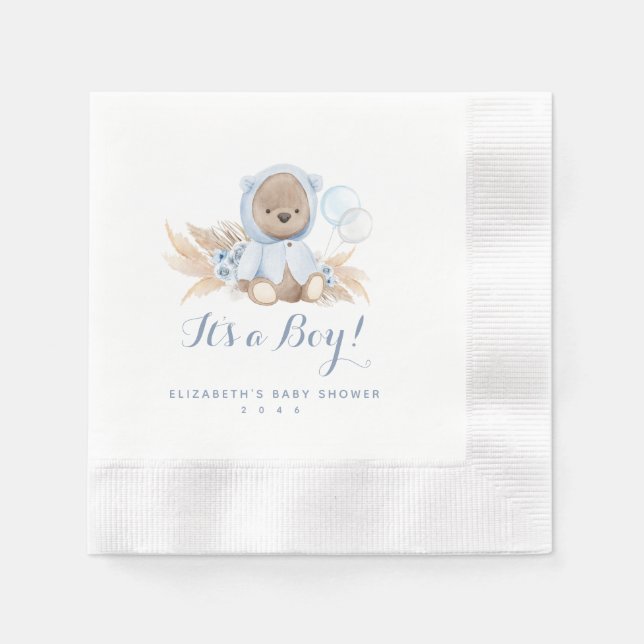 Blue Pampas Grass Boho Bear Baby Dusche Napkins Serviette (Vorderseite)