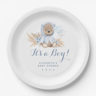 Blue Pampas Grass Boho Bear Babydusche Papiertüte Pappteller