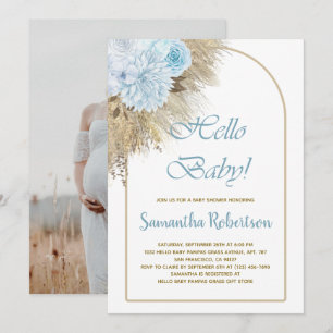 Blue Pampas Grass Boho Boy Baby Duschkabine Foto Einladung