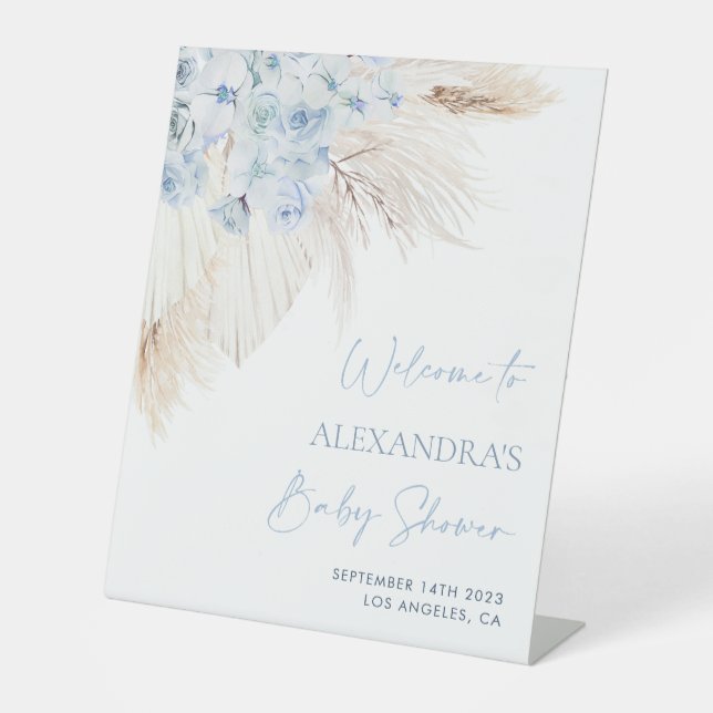 Blue Pampas Grass Boy Baby Dusche Begrüßungszeiche Sockelschild (Vorderseite)