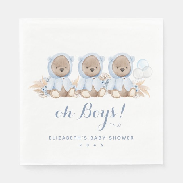 Blue Pampas Grass Triplet Bear Baby Dusche Napkins Serviette (Vorderseite)