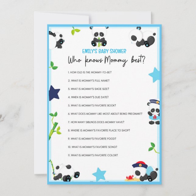 Blue Panda Baby Shower Game Size Einladung (Vorderseite)